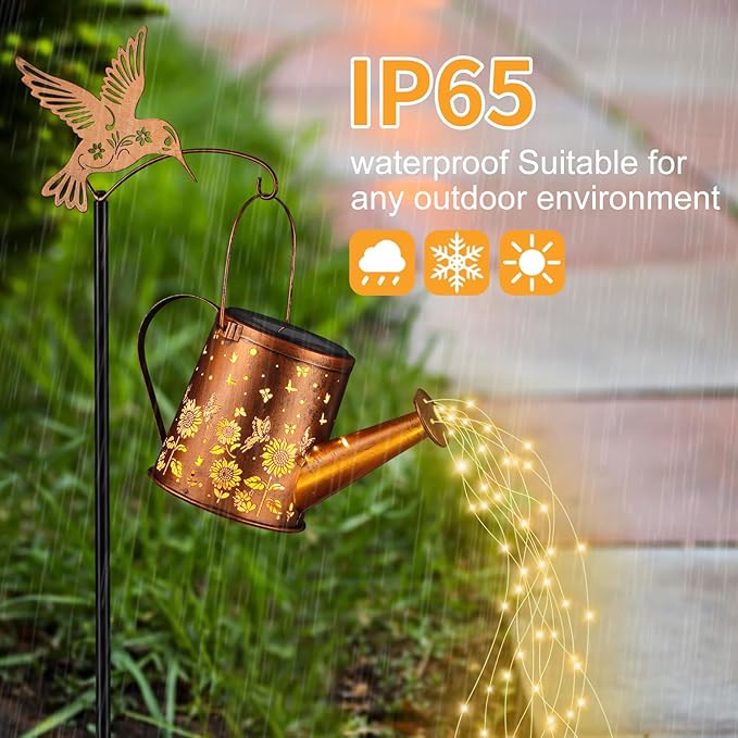 Outdoor Hanging Solar Lantern Waterproof Set Outside Metal Sunflower & Butterfly watering can Landscape Lights for Garden Yard Patio Pathway Decor Birthday Gifts for Women Mom Grandma -With Floor Pole