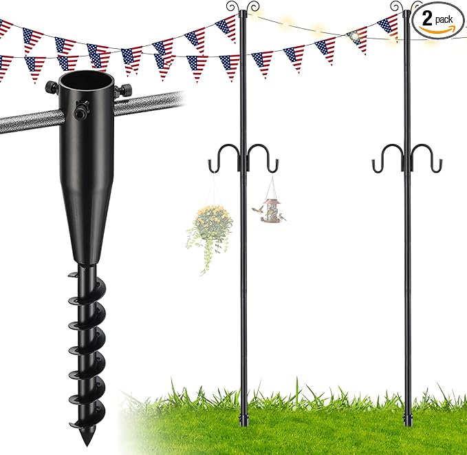 1.5 Inch Heavy Duty String Light Poles with 16.9” Spiral Ground Anchor - for Patio, Deck & Holiday Lighting, 8.5FT Adjustable Outdoor Post, Easy Screw-in Installation, Decorative Scroll Top & Hooks