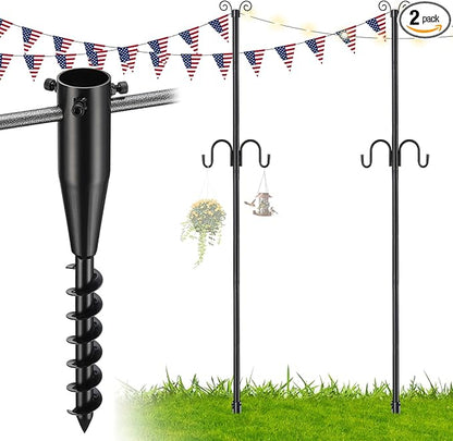 1.5 Inch Heavy Duty String Light Poles with 16.9” Spiral Ground Anchor - for Patio, Deck & Holiday Lighting, 8.5FT Adjustable Outdoor Post, Easy Screw-in Installation, Decorative Scroll Top & Hooks