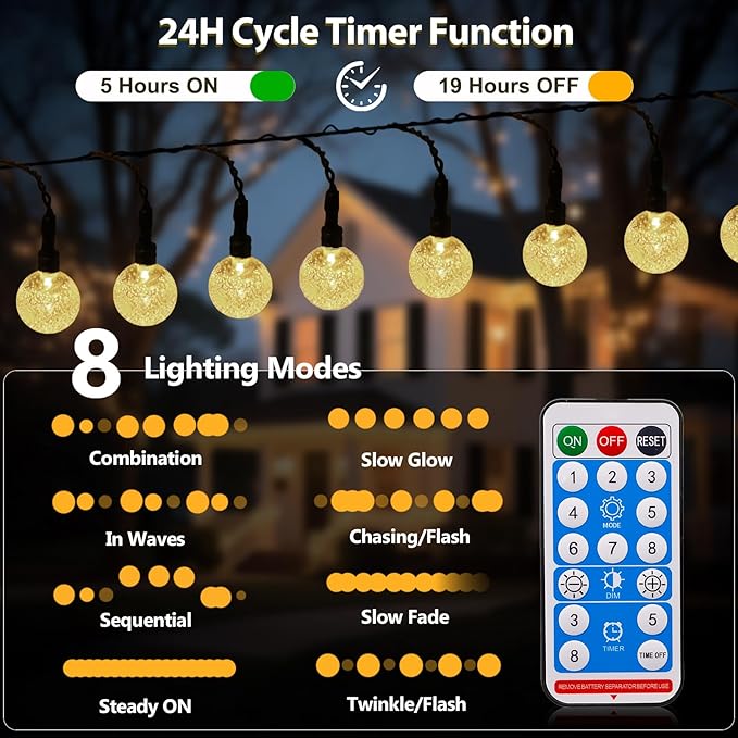 SeaShine Rechargeable Battery Operated String Lights - 22ft 50LEDs Crystal Globe String Lights, IP65 Waterproof Battery Fairy Lights with Remote Timer for Bedroom Outdoor Camping Christmas Warm White