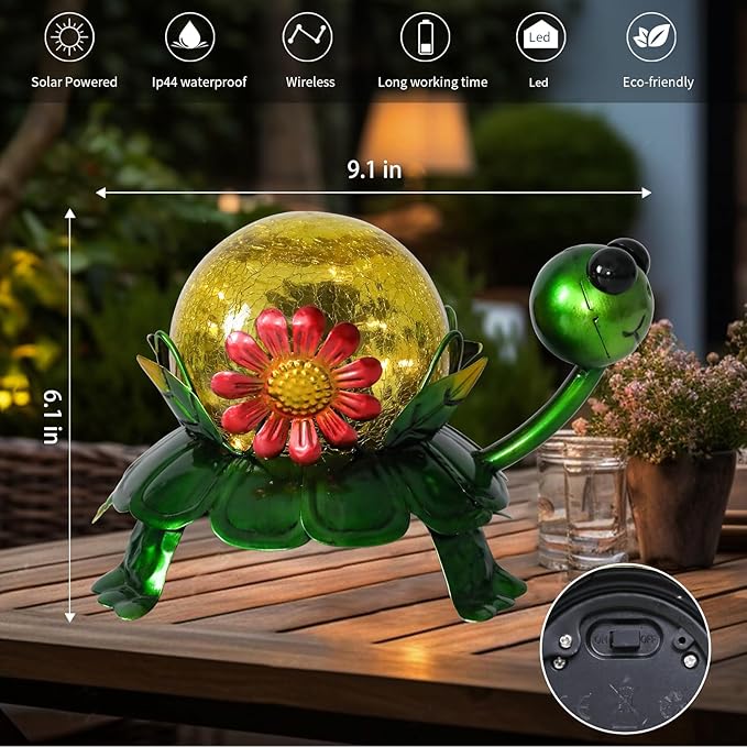 MUMTOP Solar Lanterns Outdoor Waterproof - Colorful Metal Turtle Solar Lights Decorative, Glass Tortoise Light Tabletop Lantern Lamp Ornaments for Yard Patio Garden Outside Decorations