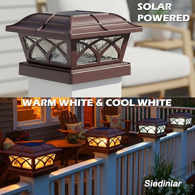 SIEDiNLAR Solar Post Cap Lights Outdoor Glass 2 Color Modes 8 LEDs for 4x4 5x5 6x6 Posts Deck Fence Patio Decoration Warm White & Cool White Lighting Brown (2 Pack)