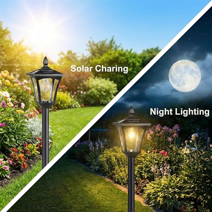76" Solar Lamp Post Lights with Planter, Glass & Metal Street Light Outdoor Waterproof, 60 Lumens Dusk to Dawn Solar Pole Light for Garden, Yard, Driveway, Porch, Patio, Warm White