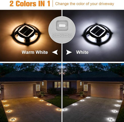 VOLISUN Solar Driveway Lights Dock Marine Lights 12 Pack,2 Colors in 1,Outdoor IP67 LED Deck Light,Solar Powered Waterproof Warning Step Light for Driveway Sidewalk Pathway (White/Warm White)