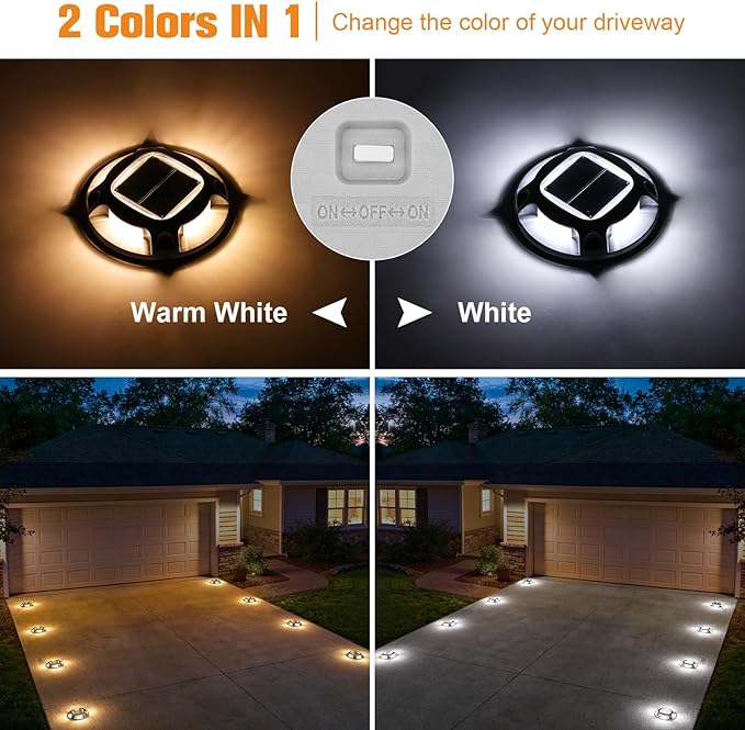 VOLISUN Solar Driveway Lights Dock Marine Lights 20 Pack,2 Colors in 1,Outdoor IP67 LED Deck Light,Solar Powered Waterproof Warning Step Light for Driveway Sidewalk Pathway (White/Warm White)