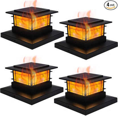 Dynaming 4 Pack Solar Post Cap Lights Outdoor with Flickering Flame Light, Fence Post Solar Lights Fit for 4x4 5x5 6x6 Vinyl/Wooden Posts, High Brightness SMD LED Lighting Decor for Garden Deck Patio