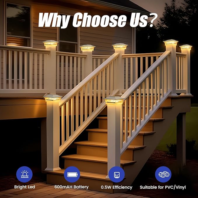 Cool White Solar Fence Post Caps 6-Pack, Patio LED