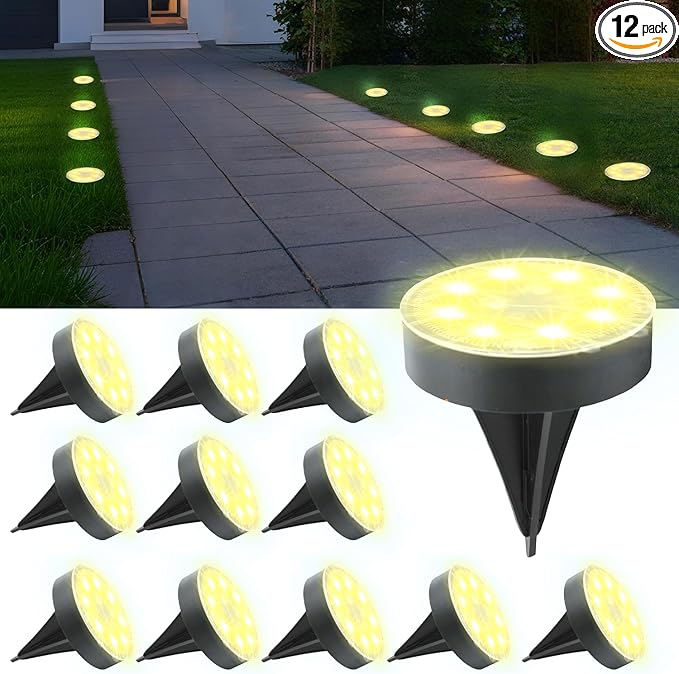 Ground Lights 12 Pack, IP68 Waterproof Solar Disc Lights for Outdoor, Flat Garden Light, In-Ground Light, Landscape Lighting for Pathway, Walkway, and Yard-12 Pcs (Warm White)