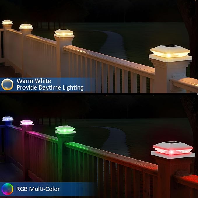 T-SUN Solar Post Cap Lights with Auto-Change Colors- for Wooden (4x4/6x6) & Vinyl (4x4/5x5) Posts | Weatherproof Outdoor Solar Fence Post Lights for Deck, Porch, Garden & Stairs(18-Pack,RGB)