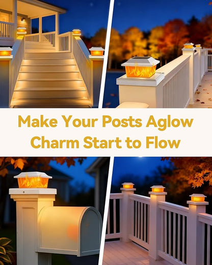 Solar Post Cap Lights Outdoor for 3.5x3.5 4x4 5x5 Wood/Vinyl Posts, 12 Pack Fence Post Solar Lights with Flickering Flame & Warm Modes for Deck/Garden/Patio, IP65 Waterproof - White