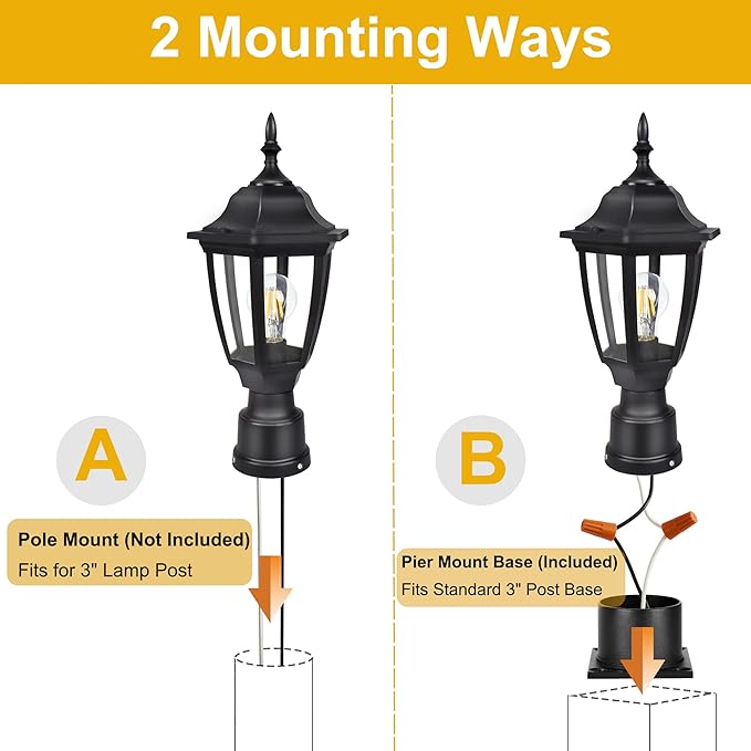 FUDESY Outdoor Post Lights, Electric Exterior Lamp Post Light Fixture with Pier Mount Base, LED Bulb Included, Anti Corrosion Black Plastic Materials, Pole Lanterns for Garden, Patio, Pathway