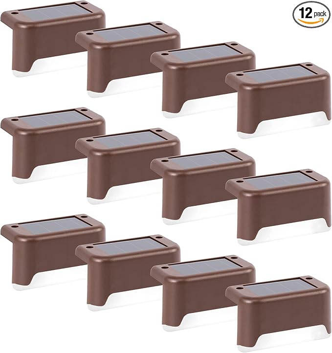 GIGALUMI 12 Pcs Solar Deck Lights, Bronze Finished Waterproof Led Solar Lamp for Outdoor Pathway, Yard, Patio, Stairs, Step and Fences (Cool White)