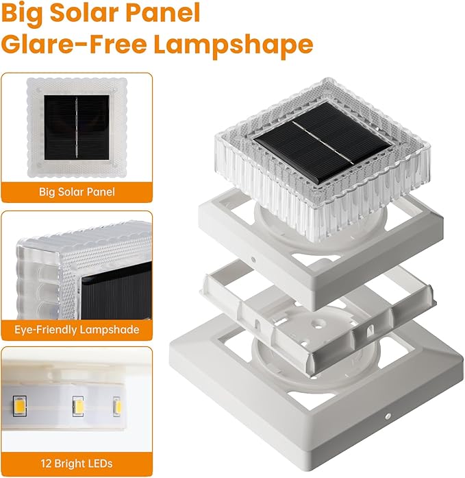 APONUO Solar Post Cap Lights, 8-Pack Fence Post Solar Lights with 20 Lumens 3-Sided Panoramic Glow, IP65 Waterproof Fence, Deck, Patio, Garden Decor, Easy No-Tool Install for 4x4 5x5 Posts, White