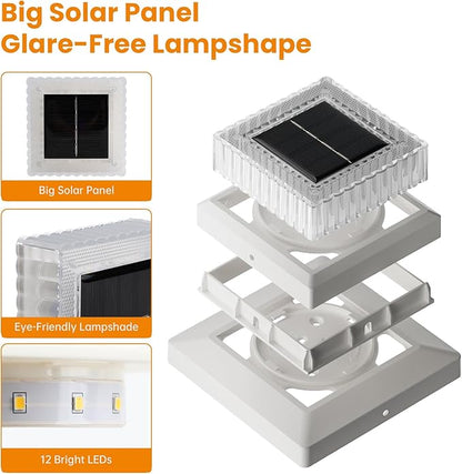 APONUO Solar Post Cap Lights, 12-Pack Fence Post Solar Lights with 20 Lumens 3-Sided Panoramic Glow, IP65 Waterproof Fence, Deck, Patio, Garden Decor, Easy No-Tool Install for 4x4 5x5 Posts, White