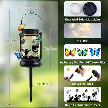 Dog Solar Lanterns Outdoor Garden Solar Dog Lights Dog & Cat Lover Gifts for Women Mom Grandma, Butterfly Fairy Lights Waterproof Hanging Mason Jar Lamps (Fairy Dog Butterfly)
