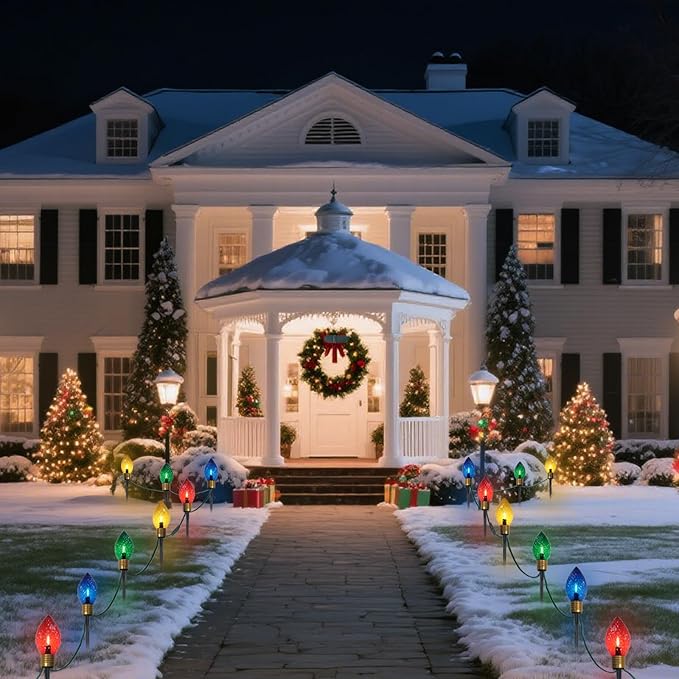 2 Pack Jumbo Christmas Pathway Lights Outdoor, Total 14FT 8Pcs Multicolor Diamond Connectable Plug in Walkway Lights for Driveway, Fence, Yard Holiday Decor, Green Wire