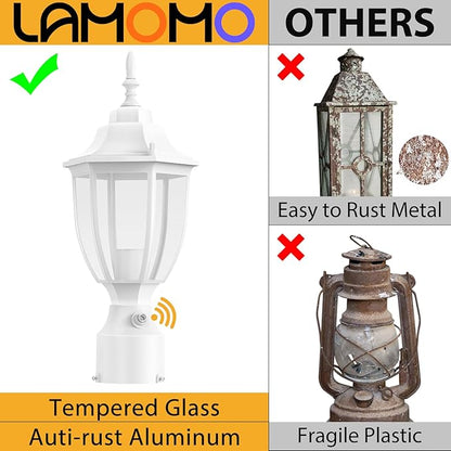 Lamomo Dusk to Dawn Outdoor Post Lights, Waterproof Aluminum White Lamp Post Light Fixture, Lamp Posts Outdoor Lighting Pole Lantern for Yard Patio Pathway Garden