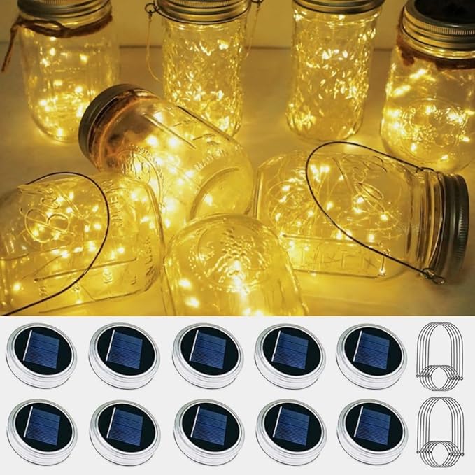 10-Pack 30 LED Mason Jar Fairy Lights, Solar Patio