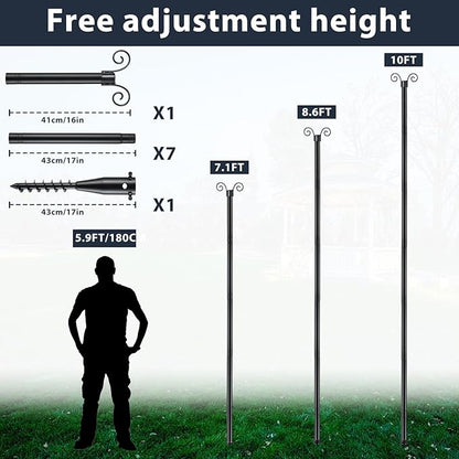 10FT String Light Poles with Spiral Ground Stakes, 38mm Adjustable Height Rustproof Metal Posts for Garden Lawn Patio, Christmas Wedding Party Outdoor Decoration (Black, 1 Pack)