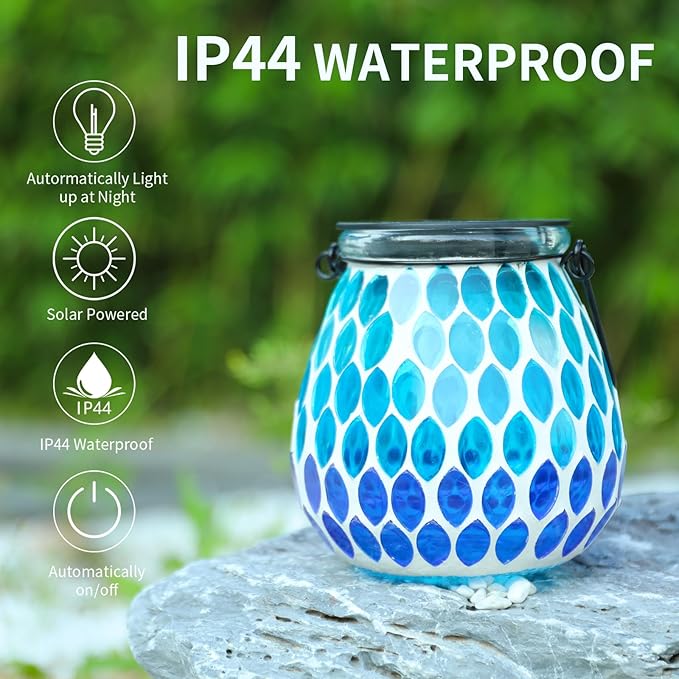 Afirst Mosaic Solar Lanterns - Glass Hanging Lights Hollow Out Waterproof Decorative for Garden, Patio, Holiday Party Outdoor Decoration, Blue-C, 5009420
