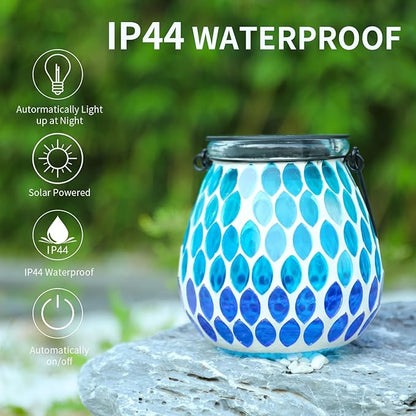 Afirst Mosaic Solar Lanterns - Glass Hanging Lights Hollow Out Waterproof Decorative for Garden, Patio, Holiday Party Outdoor Decoration, Blue-C, 5009420