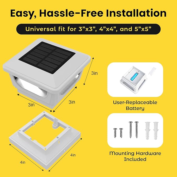 Brighticonic Solar Post Cap Lights Outdoor for 4x4, 3x3 – Auto On/Off Post Lights Solar Powered - Easy Install, IP65 Waterproof Deck & Fence Lights – Long Lasting Battery – 120 Lumen, WarmWhite - 2pck