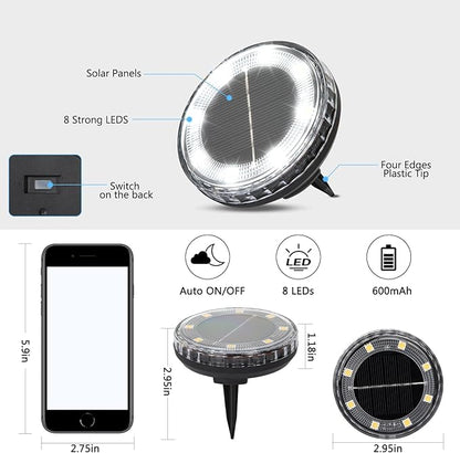 8 Pack Solar Ground Lights Outdoor Waterproof, 8 LED Solar Disc Lights, IP65 Waterproof Long Lasting Flat Light for Garden Pathway Walkway (Cool White)