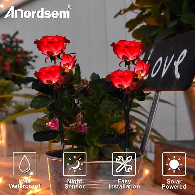 Anordsem Rose Lights Solar Powered for Women: Garden Light Waterproof for Yard Decorations Outdoor - Flower Lamp Colorful Lighting Cemetery Decor - Mother's Day Birthday Gifts for Mom Wife