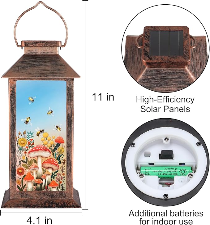 Outdoor Hanging Solar Lantern Waterproof Outside Bees Mushrooms Pattern Landscape Lights for Porch Garden Yard Patio Pathway Decor Birthday Gifts for Women Mom Grandma