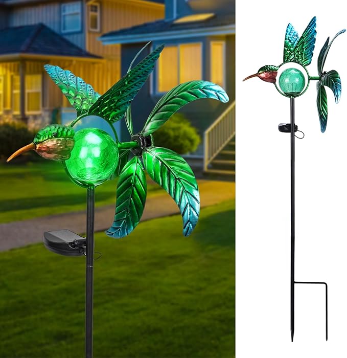 Bshine Hummingbird Solar Light Wind Spinner Outdoor Garden Decoration, Waterproof Garden Stake with Cracked Glass Ball, Gift for Mom, Lawn Ornaments for Pathway, Patio, Yard Decor Outdoor