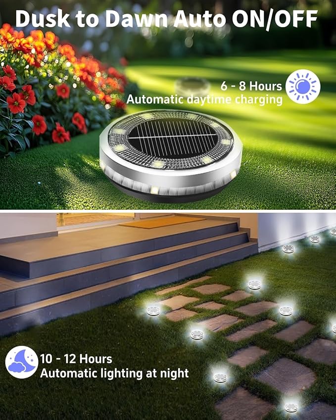 12-Pack Cool White In-Ground Solar Lights, Flat LED Garden