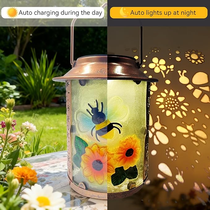 10" H Bee Solar Lanterns Outdoor, Metal Glass Hanging Solar Lanterns with Hollow Out Retro Bee Lights, Decorative for Garden Yard Patio Pathway Tabletop Gifts