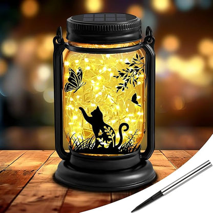 Cat Solar Lanterns 3-in-1 Outdoor Waterproof - Birthday Gifts for Cat Lovers Women Mom Christmas, Mason Jar Hanging Lanterns with Stake, Garden Decor Lights for Patio Yard Balcony Decorations