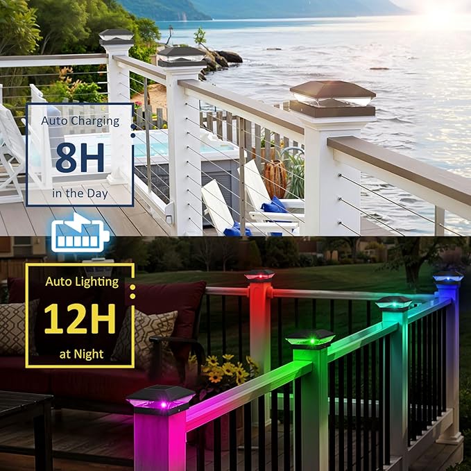 T-SUN Solar Post Cap Lights with Auto-Change Colors- for Wooden (4x4/6x6) & Vinyl (4x4/5x5) Posts | Weatherproof Outdoor Solar Fence Post Lights for Deck, Porch, Garden & Stairs(24-Pack,RGB)