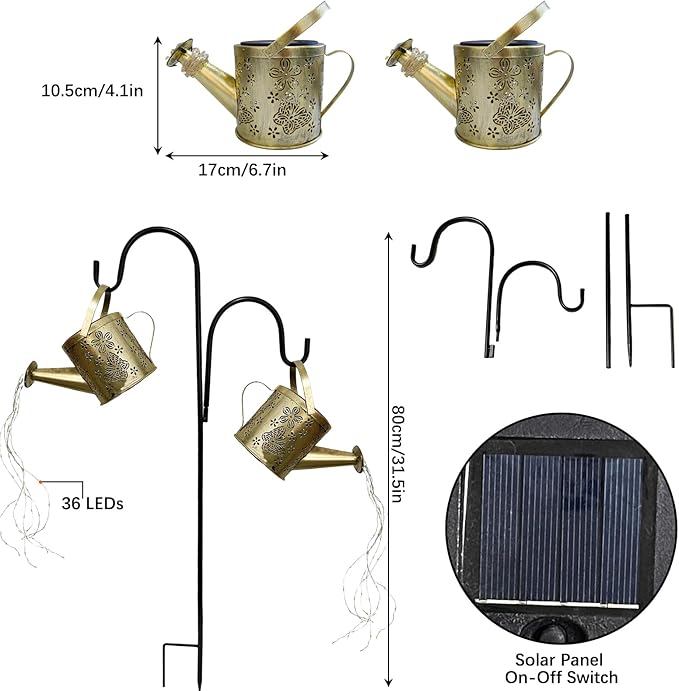 DDQ Solar Watering Can Lights, Warm White/Color LED with Shepherd Hook, IP65 Waterproof Metal Garden Decor, Auto On/Off for Patio Backyard for Mom Family Holidays Gift