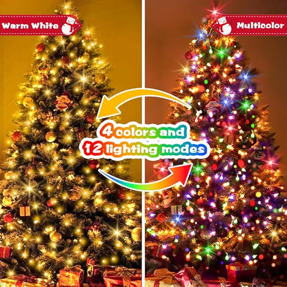 Battery Christmas Lights 4 Pack, 17ft 50 LED Dual Color Changing Mini String Light with 3 Auto-Timer Options and 12 Lighting Modes Waterproof Tree Lights (Warm White & Multicolor, 50 LEDs x 4 Pack)