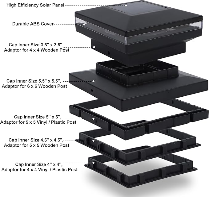 Dynaming 6 Pack Solar Post Cap Lights, Outdoor Decorative Solar Lights Black Shell Caps Fit 4x4 5x5 6x6 Vinyl/Wooden Posts, Brightness Warm White LED Lighting for Garden Fence Deck Patio