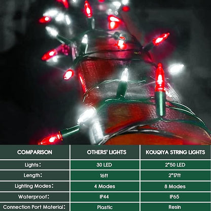 Christmas Patio String Lights 2-Pack, 17ft 50 LED Waterproof