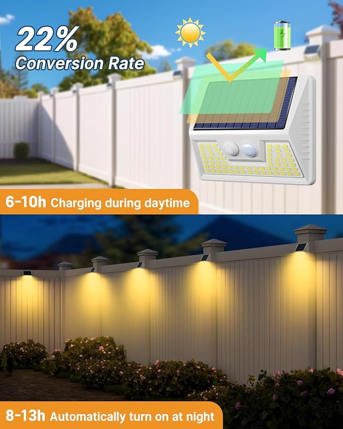 2 Pack Solar Motion Lights Outdoor, Waterproof Fence Lights Solar Powered with 3 Lighting Mode, Soft White LED Step Light for Outside Wall Yard Deck Stairs Garden- White