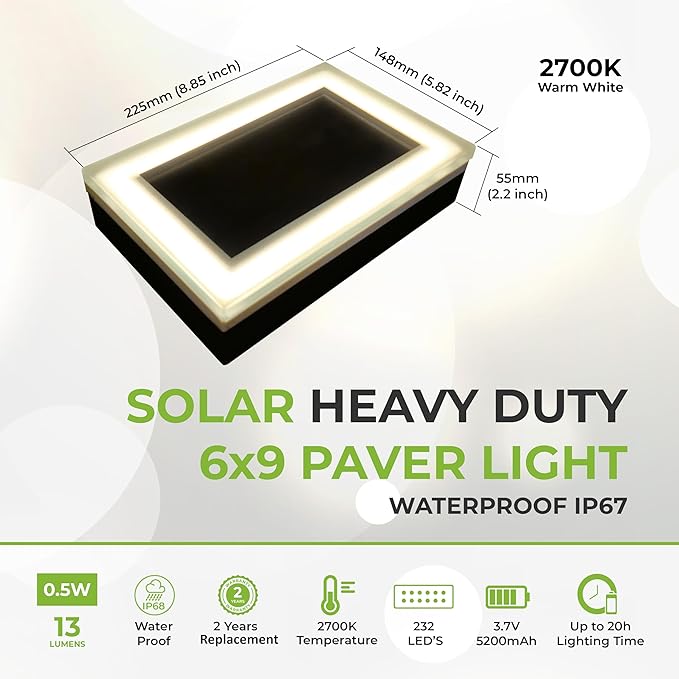 LUMENGY Solar Paver Light 6x9 inch (5.82x8.85), Stainless Steel with Tempered Glass, 2700K Warm White Glare-Free Lighting for Driveways, Walkways and Patios, IP67 Waterproof, Drive-Over Rated