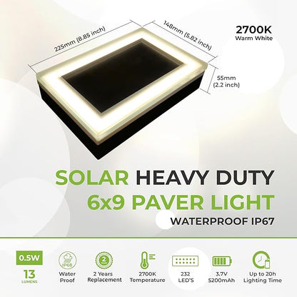 LUMENGY Solar Paver Light 6x9 inch (5.82x8.85), Stainless Steel with Tempered Glass, 2700K Warm White Glare-Free Lighting for Driveways, Walkways and Patios, IP67 Waterproof, Drive-Over Rated