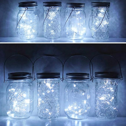 Miaro 8 Pack Mason Jar Lights, 20 LED Solar Pure White Fairy String Lights Lids Insert for Garden Deck Patio Party Wedding Christmas Decorative Lighting Fit for Regular Mouth Jars (Cool White)