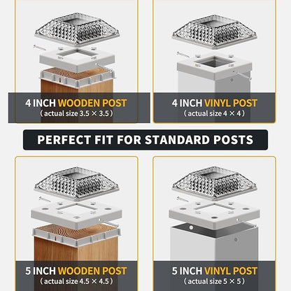 Glass Solar Post Cap Lights with Crystal Style - Decorative Deck Fence Lights for 4x4 5x5 Posts Hidden Solar Panel, Modular Design, 10Hr Runtime, IP65, Warm White, White, 2 Pack
