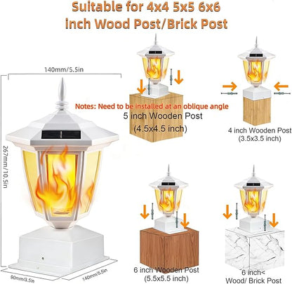 Dynaming 6 Pack Solar Flame Post Lights Outdoor, Solar Powered Lamps Fence Post Cap Lights, Flickering Flame LED Lantern Waterproof for Garden Deck Patio, Fit 4x4, 5x5 6x6 Wooden Posts, White Shell