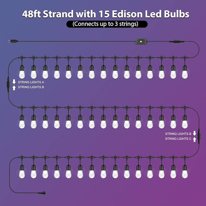 Café-Style Outdoor String Lights, 96ft Globe Bulbs