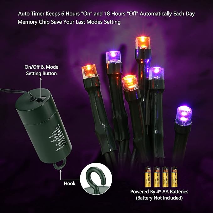 Joomer Orange Purple Halloween Lights, 66ft 200 LED Battery Operated String Lights Waterproof with 8 Modes & Timer Function for Halloween Outdoor Indoor Decorations