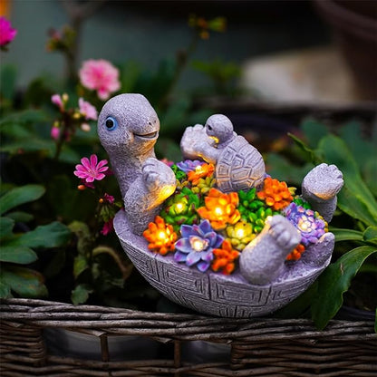 Solar Turtle Figurines Garden Decor, Cute Turtle Statue with Baby with 7 LED Solar Lights Garden Lawn Decorations for Patio & Yard, Gifts for Mom, Gery