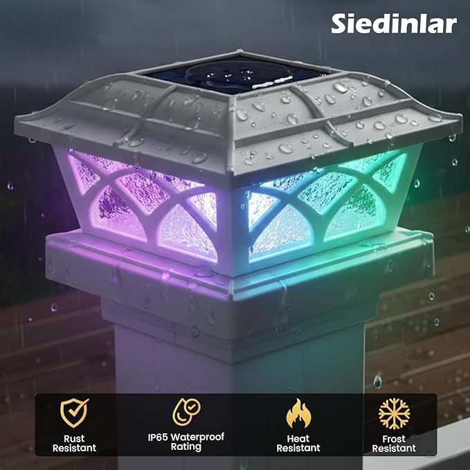 SIEDiNLAR Solar Post Cap Lights Outdoor Glass 2 Color Modes LED for 4x4 5x5 6x6 Wooden Vinyl Posts Fence Deck Patio Decoration RGB Color Changing & Warm White Lighting White (4 Pack)