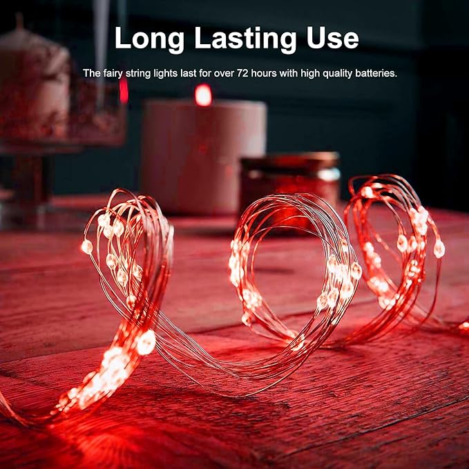 echosari 2 Pack Red Fairy Lights Battery Operated 200 LED 66Ft Silver Wire Starry String Lights Auto Timer 8 Modes Waterproof Mini Fairy Lights for Outdoor Indoor Garden Wedding Decor (Red)