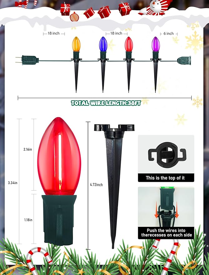 C9 LED Christmas Pathway Lights Outdoor 38Ft 25 LED C9 Multicolor Bulbs Christmas Pathway Stakes Lights, Connectable Outdoor Walkway Lights for Yard Patio Sidewalk Driveway Garden Lawn Decor